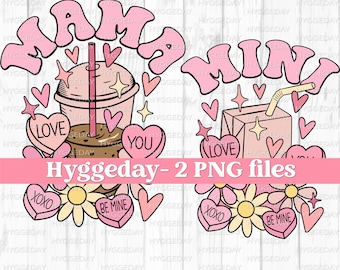 Matching Designs PNG, Digital Download, Valentines Day, Sublimation, Mama, Mini, sublimate, pink, retro, cute, iced coffee, juice box,