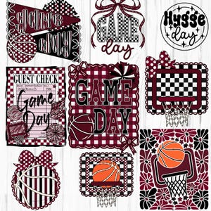 May include: A collection of digital graphics with a sports theme. Designs include basketballs, basketball hoops, and the text "Game Day" in various fonts and styles. The color palette features burgundy, black, white, and orange.