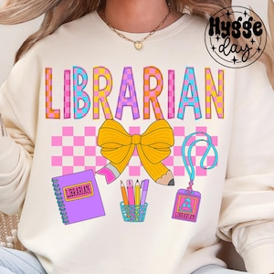 Bibliothécaire PNG, téléchargement numérique, sublimation, sublimation, appréciation de la conception de chemise noeud coquette à carreaux enseignant de la rentrée lire