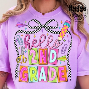Png 2e année, téléchargement numérique, sublimer, sublimation, deuxième, rentrée des classes, enseignant, preppy, enfants, mignon, noeud coquette, conception de chemise