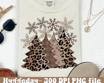 Leopard Plaid Christmas Trees PNG: Glitter Snowflake Design (Digital Download)