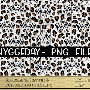 May include: A seamless pattern design with black and white checkered flags and brown leopard print spots on a white wood grain effect. The text "HYGGEDAY - PNG FILE" is displayed. The bottom banner reads "SEAMLESS PATTERN FOR FABRIC PRINTING".