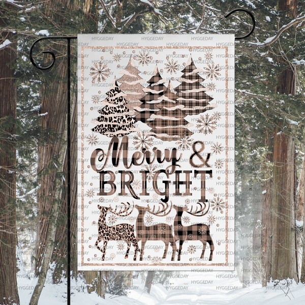 Christmas Garden Flag PNG, Sublimation Digital Design, Instant Download, christmas tree, reindeer, merry bright, beige, plaid,