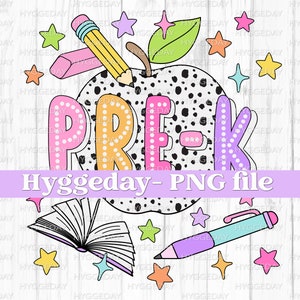Pré-K PNG, download digital, sublimar, sublimação, volta às aulas, professor, dálmata, pontos, crianças, fofo, rabisco, maçã, lápis,