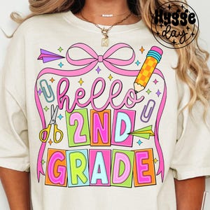 Png 2e année, téléchargement numérique, sublimer, sublimation, deuxième, rentrée des classes, enseignant, preppy, enfants, mignon, noeud coquette, conception de chemise