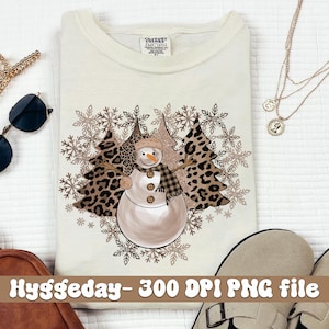 Muñeco de nieve con árboles de Navidad PNG, Descarga digital, Feliz Navidad, Copo de nieve, invierno, cuadros, leopardo, guepardo, lindo, niño, neutrales, beige,