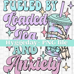 May include: A graphic design with the text "Fueled by Loaded Tea and Anxiety" in a retro style. The text is in pink and blue with a black outline. A skeleton hand holds a blue and pink iced drink with a straw. The background is a white woodgrain pattern with stars.