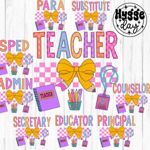 Schoolberoep bundel 9 png's, digitale download, hoofd parasente counselor leraar coquette geruit shirtontwerp trendy sublimeren,