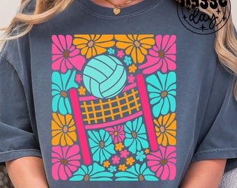 Retro Volleyball PNG: Groovy Floral Design (Digital Download)