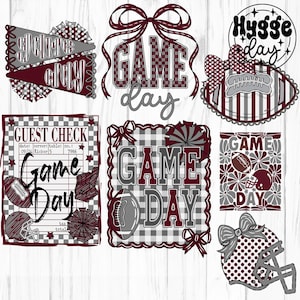 May include: A collection of maroon, gray, and white game day themed graphics. Designs include pennants, text that says "Game Day", footballs, helmets, bows, and a guest check. The graphics are suitable for various craft projects.
