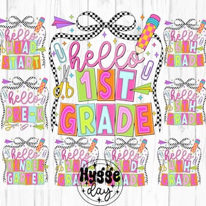 9 Pacchetto scolastico PNG Download digitale Sublimare Sublimazione Torna all'insegnante 1a 2a 3a 4a 5a 6a elementare bambini fiocchi civettuoli maglietta alla moda