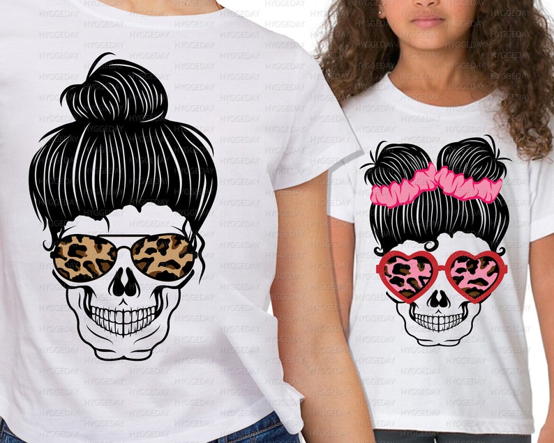 Download Mommy And Me Skulls Svg Dxf Png Messy Bun Skull Leopard | Etsy