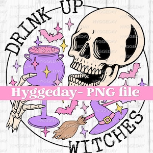Beber brujas, PNG, Descarga digital, Sublimar, Sublimación, Halloween, Witchy, Vino, Alcohol, Alcohol, Caldero, Spooky, Cráneo, Esqueleto
