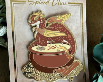 Ensemble d'épingles en émail dragon Chai épicé - épingles d'art fantastique pour les amateurs de thé - art de dragon lunatique