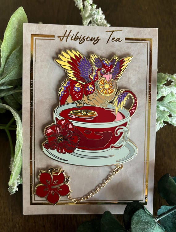 Hibiscus Tea Tropical Dragon Enamel Pin Set - Fantasy Art Pin for Tea Lovers - Whimsical Art