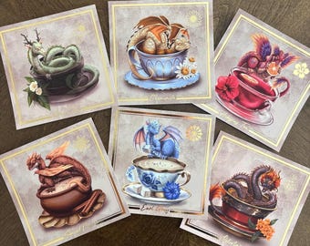 Ensemble de mini impression feuille d'or dragon thé - Illustration de dragon fantastique lunatique, art amateurs de thé - 6 tirages de cartes postales