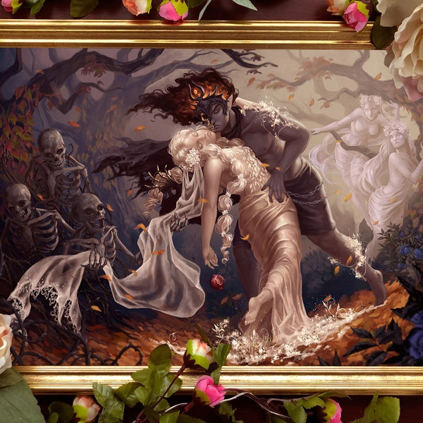 The Equinox Art Print - Fantasy Wall Decor - Hades and Persephone, Dark Beauty Aesthetic, Flowers and Skull