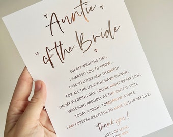 Personalised Aunt Auntie Aunty of the bride hearts gift print wedding keepsake gold rose gold perfect personalised emotional foil