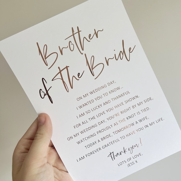 Brother of the Bride gift print wedding keepsake gold rose gold perfect personalised emotional foil walking down aisle