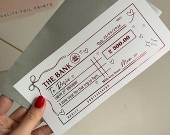 Personalised Girly Hearts Foil Novelty Cheque Birthday Wedding & Anniversary trust fund | Cute Money Gift | Celebration Surprise Print |