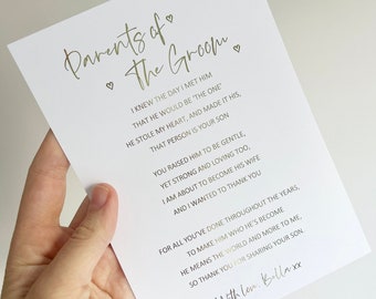 Parents of the groom mum & dad hearts gift print wedding keepsake gold rose gold perfect personalised emotional foil in law
