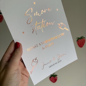 S’more station bar marshmallow foil print wedding keepsake gold rose gold perfect personalised emotional foil cute decoration sign