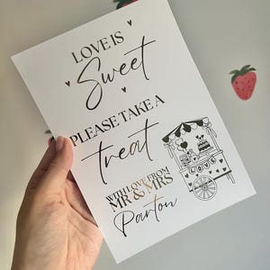 Love is sweet take a treat foil print wedding keepsake gold rose gold perfect personalised emotional foil cart leave a message