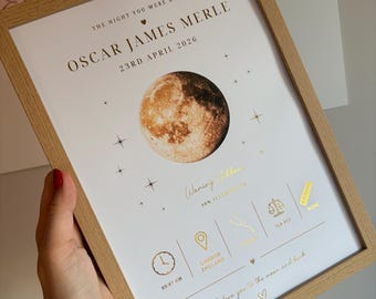 Personalised Moon Phase Print | The Night You Were Born | Custom Birth Moon Foil Print | New Baby Gift | Nursery Wall Art | Baby Birth Keeps