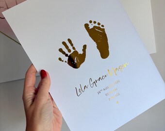 Personalised Handprint Footprint Foil Print | A4 A5 8x10 Newborn Keepsake, Birth Details Art, Includes Ink Kit