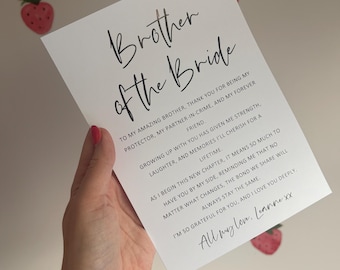 May include: A white rectangular card featuring the black printed text Brother of the Bride at the top, followed by a heartfelt message of gratitude and appreciation, ending with the handwritten-style signature All my love, Leanne xx.