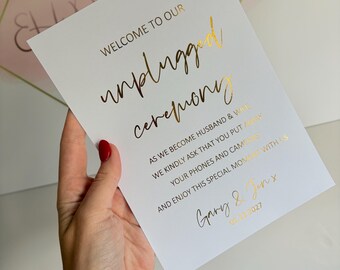 Personalised Unplugged Ceremony foil print wedding keepsake venue decor gold rose gold perfect personalised  foil sign snaps under wraps