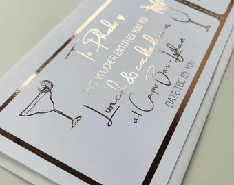 Gorgeous foil birthday anniversary voucher gift personalised mothers day reveal ticket treat uk lapland event reservation beauty day reveal