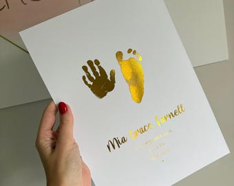 Personalised Handprint Footprint Foil Print | A4 A5 8x10 Newborn Keepsake, Birth Details Art, Includes Ink Kit