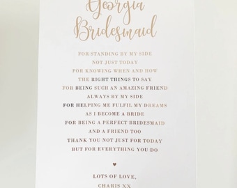 Personalised Bridesmaid maid of honour gift print wedding keepsake gold rose gold perfect emotional foil