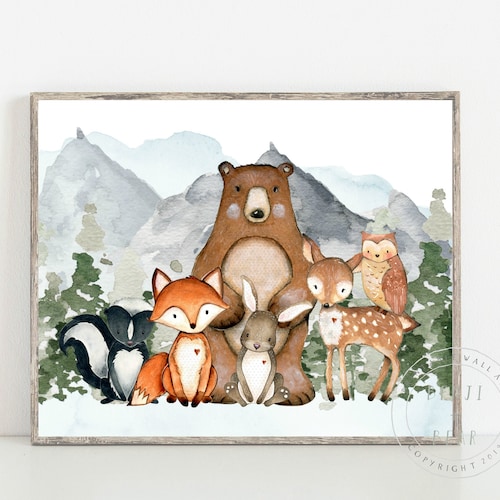 Woodland Animal Art Print Nursery Print Mountain Wall Art - Etsy