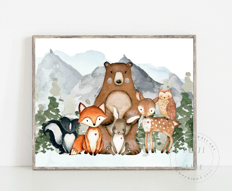 Woodland Animal Art Print Nursery Print Mountain Wall Art Etsy