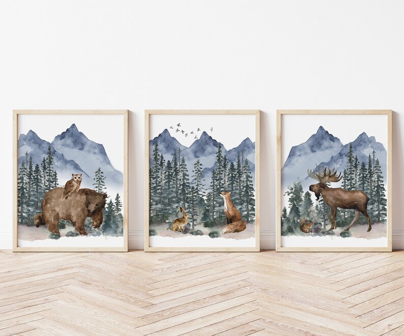 Woodland Mountain Art Prints Woodland Animal Wall Art Blue Etsy