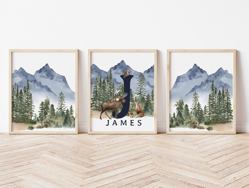 Mountain Nursery Decor Woodland Nursery Art Prints Blue Etsy