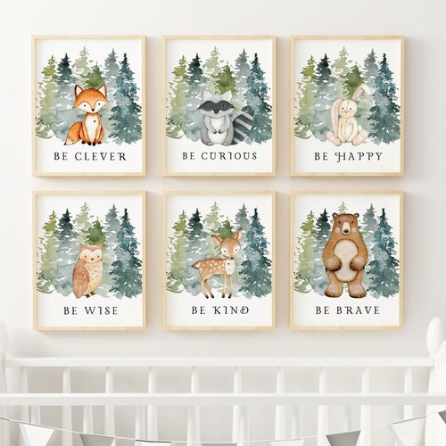 Woodland Nursery Wall Art Prints Baby Forest Animal Decor Etsy