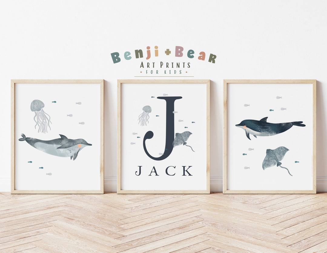 Nautical Nursery Print, Dolphin Wall Art, Custom Name Print