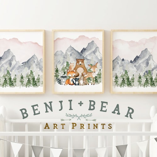 Mountain Nursery Prints Woodland Nursery Decor Pink Wall Etsy