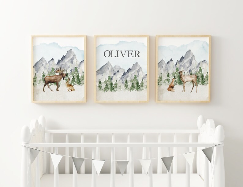 Woodland Animal Wall Art Personalized Nursery Prints Moose Etsy