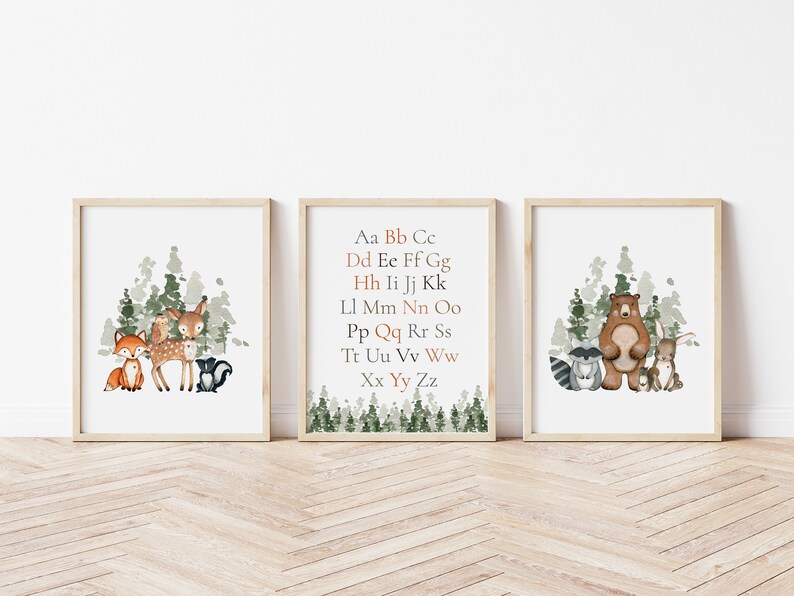 Woodland Nursery Prints Alphabet Nursery Wall Art Woodland Etsy