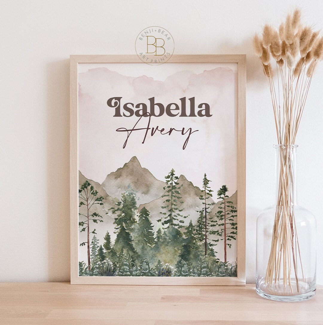 Woodland Girl Nursery Art Print, Baby Name Wall Art, Mountain Art