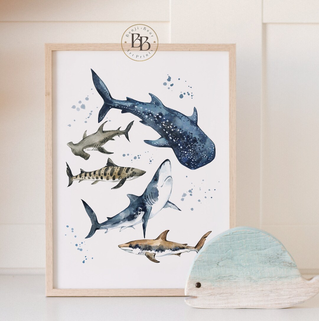 Shark Wall Art Shark Art Print Nautical Nursery Decor Ocean - Etsy