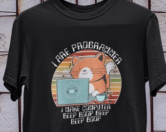 Computer Programmer Cat T-Shirt / Beep Boop Coding Kitty Tee in Black Navy White Athletic Heather