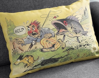 Comic Fisherman Throw Pillow / Vintage Fisherman Cartoon 20 "X14" Cojín para Cabin Lake House