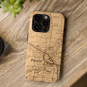 Funda para iPhone 15 con mapa de Peoria / Funda con mapa rústico vintage de Illinois para iPhone 15 Pro Plus ProMax