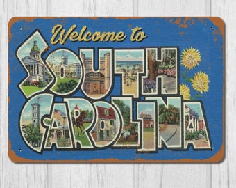 Welcome to South Carolina Metal Sign / 12x8 Aluminum Retro 1950s Wall Art Cabin Beach House