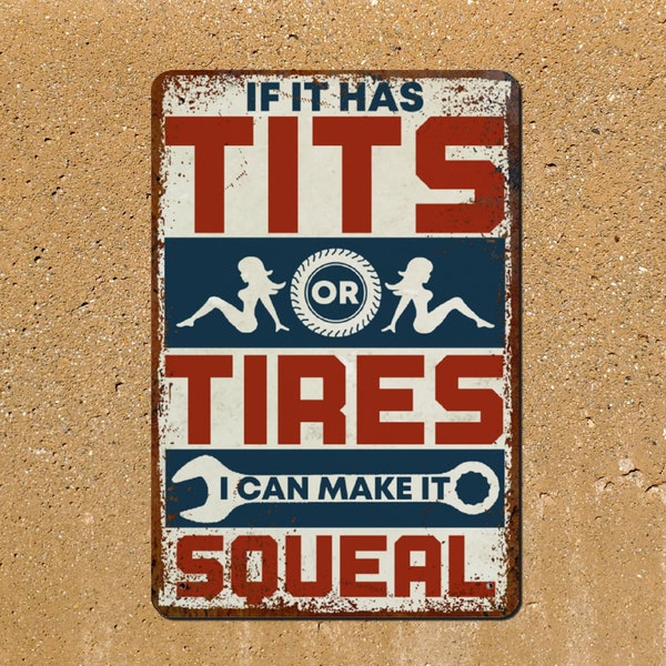 Funny Car Guy 8x12 Metal Sign | If It Has Tits or Tires I Can Make It Squeal Hilarious Mechanic Gift